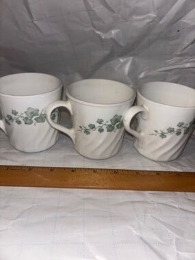 3 Vintage Corning Corelle Callaway Green Ivy Coffee Mug Cup Swirl White